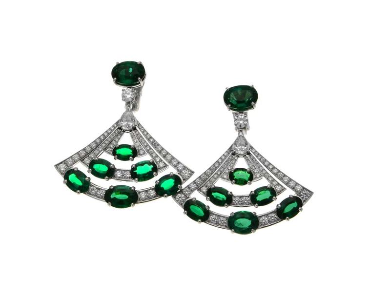 Bulgari High Jewellery emerald earrings in platinum featuring 14 oval-shaped Zambian  emeralds, pear-shaped diamonds, round brilliant-cut diamonds and pavé diamonds.
